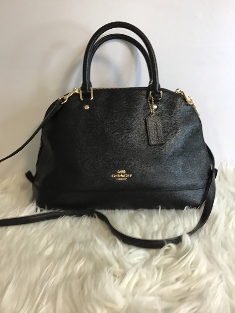 Coach Sierra Satchel Black Crossgrain Leather Dome Zip Top Handbag Purse